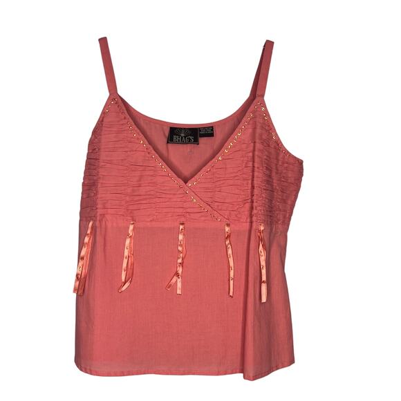 Bhaga One Size Pink Indian Cotton Boho Camisole Tank Top Sequin Ribbon Festival - Picture 1 of 8